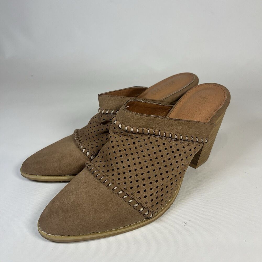 Mi.im Boho Western Perforated Leather Mule Heels Whipstitch Wooden Clogs 8